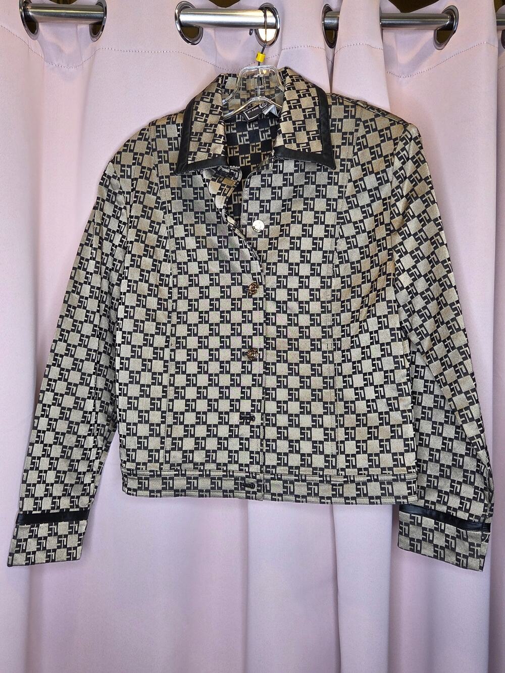 Vintage St. John Sport Marie Gray Monogram Print Knit Jacket with Leather Trim-S